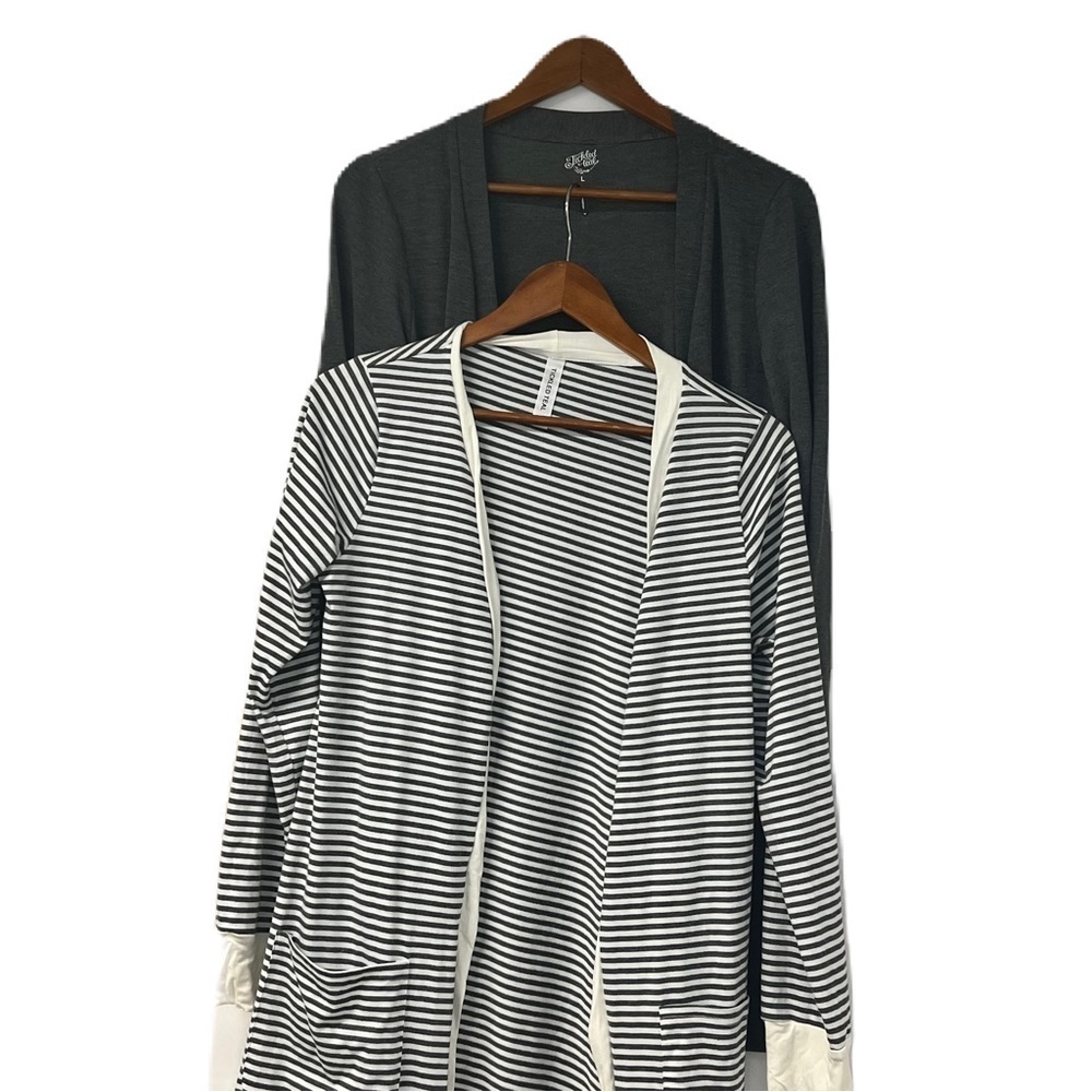 Tickled Teal Woman's M/L bundle gray & striped 2 long sleeve open front sweater